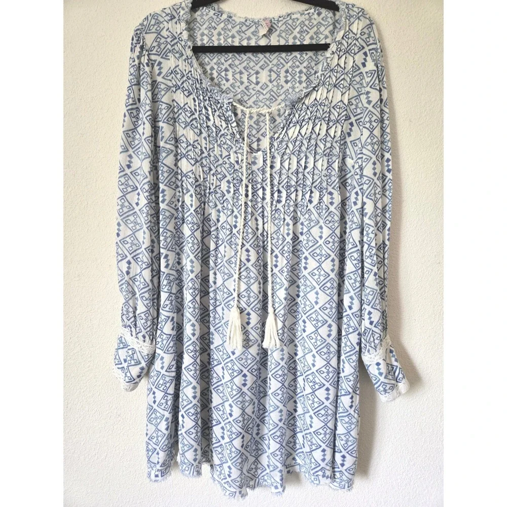 Free People Blue White Pintuck Tassels Boho Mini Dress Large Oversized Lace Cuff